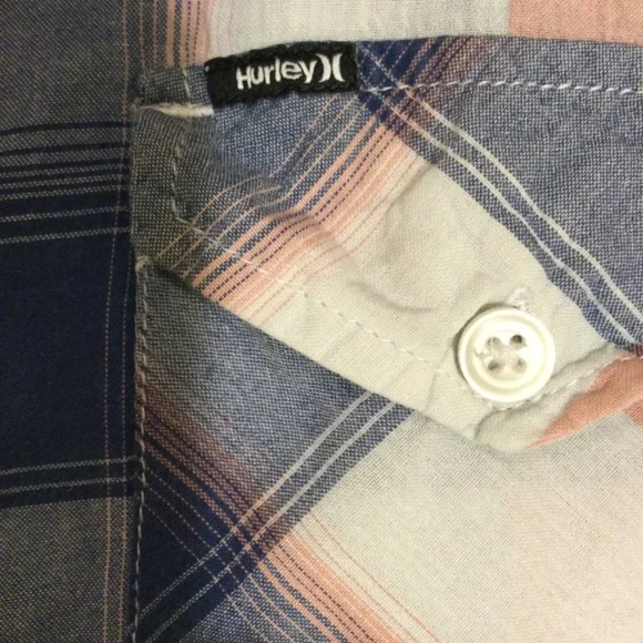 Women’s Plaid pink, white, blue short Sleeve  collared button up Top by Hurley - Picture 3 of 10